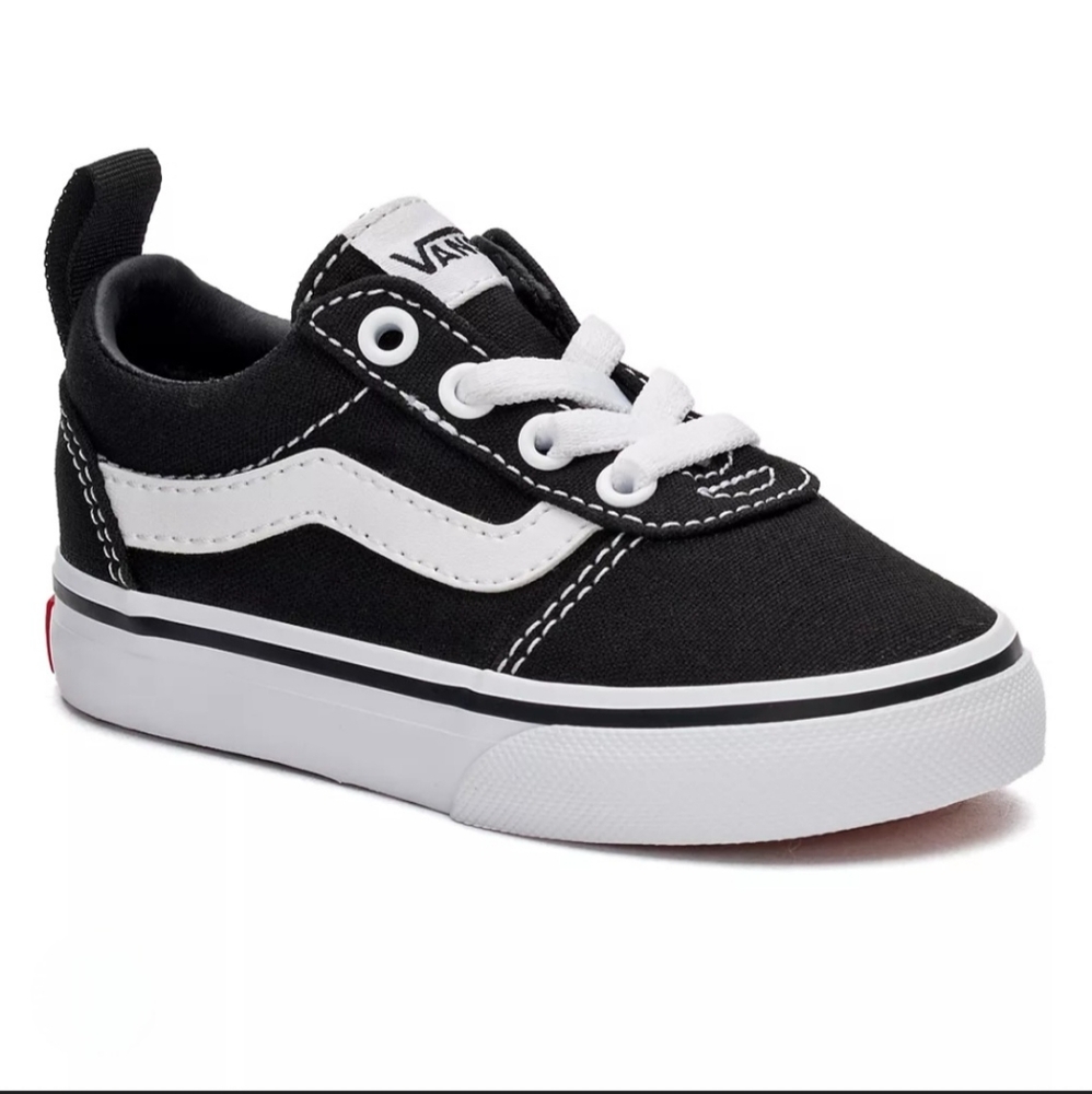 Size 4 Vans® Black and White Classic Sneakers with Iconic Stripe